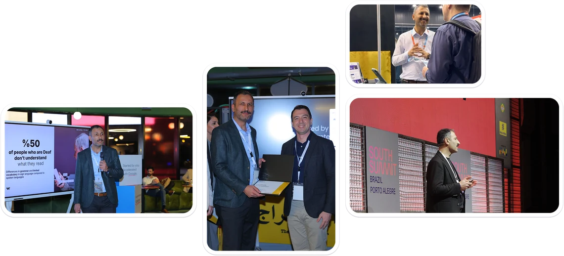 Photographs from WeAccess.Ai events: a speaker presenting accessibility research, two colleagues receiving an award, and team members talking to visitors at conference stands.