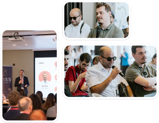 Photographs of the WeAccess team: a presentation on a summit stage and participants listening and asking questions in the audience.
