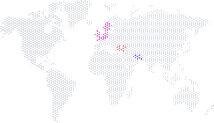 Dotted world map with the offices in Türkiye, the United Arab Emirates and the United Kingdom marked.