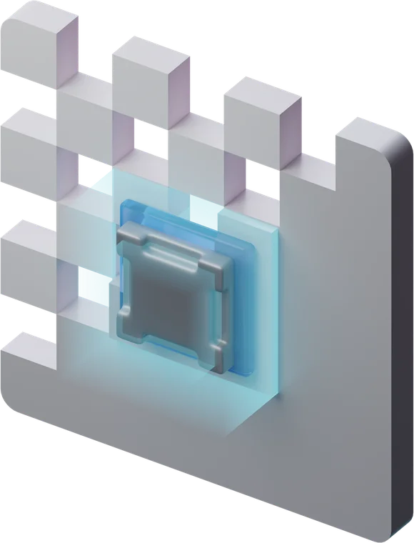 Isometric illustration of a processor chip lighting up a wall of blocks.