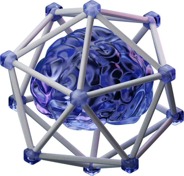 Abstract illustration of a glass brain inside a connected network structure.