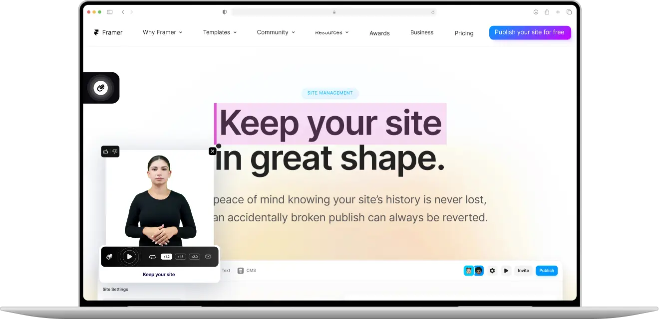 Browser screenshot of a website with a sign language avatar window.