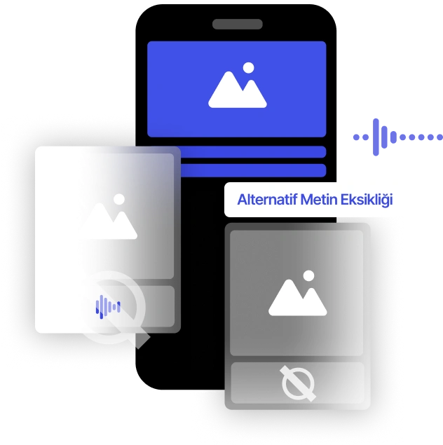 Görsel, Alternatif Metin Eksikliği kavramını bir görüntü simgesi ve sesli geri bildirimi gösteren ses dalgaları gösteren bir akıllı telefon ile gösterirken, Alternatif Metin Eksikliği metni belirgin bir şekilde gösterilmektedir.