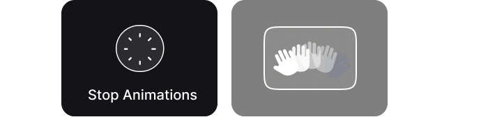 The image shows two buttons: one labeled Stop Animations with a clock icon and another with a hand icon indicating animations.