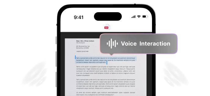 The image shows an iPhone displaying a PDF document with the text Voice Interaction overlaid on it.