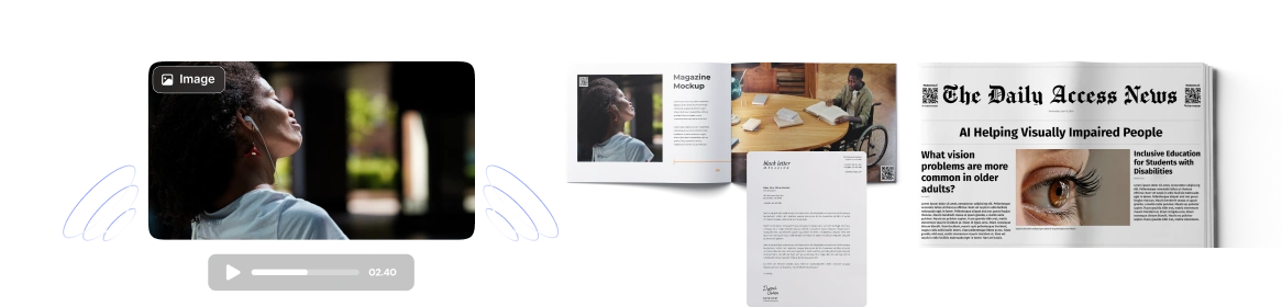 The image showcases a video thumbnail, a magazine mockup, and a newspaper article titled The Daily Access News with the subtitle AI Helping Visually Impaired People.