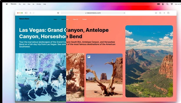The image is a webpage from naturenews.com featuring a tour of the Grand Canyon South Rim, Antelope Canyon, and Horseshoe Bend from Las Vegas, with text describing the landscapes and a photo of a canyon.