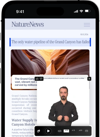 The image shows a smartphone displaying an article from NatureNews about the failure of the only water pipeline in the Grand Canyon, with a video play button and other interface elements visible at the bottom.