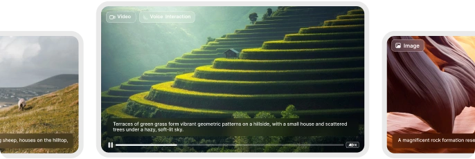 The image shows a video with terraces of green grass forming vibrant geometric patterns on a hillside, accompanied by a description of the scene and a voice interaction option.