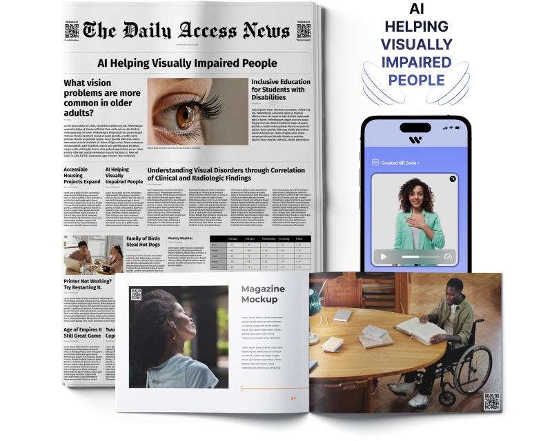 The image showcases a newspaper and magazine mockup highlighting articles about AI aiding visually impaired people, alongside a smartphone displaying an app and a photo of a person using assistive technology.