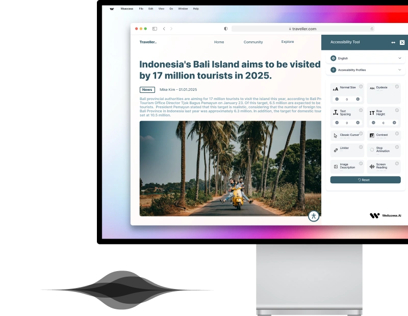 The image shows a webpage from traveller.com with an article about Bali Island aiming to be visited by 17 million tourists in 2025, and it includes an accessibility tool on the right side of the screen.