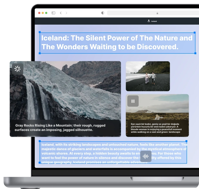 The image showcases a webpage about Iceland, highlighting its striking landscapes and untamed nature with captions describing the silent power of nature and the wonders waiting to be discovered.