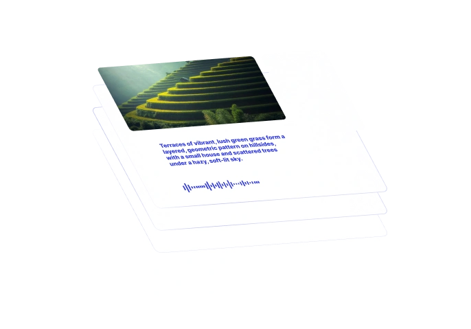 The image shows a layered, geometric pattern of vibrant green terraces on a hillside, with scattered trees and a small house under a hazy sky, accompanied by the text: Terraces of vibrant, lush green grass form a layered, geometric pattern on hillsides, with a small house and scattered trees under a hazy, soft-lit sky.