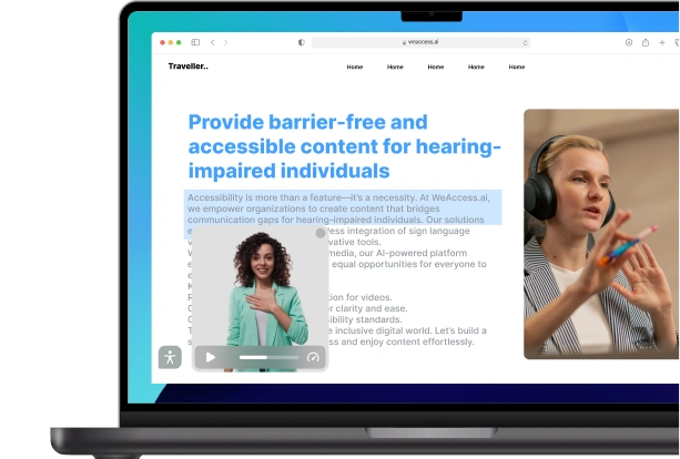 The image shows a laptop screen displaying a webpage from WeAccess.ai, which focuses on providing barrier-free and accessible content for hearing-impaired individuals.