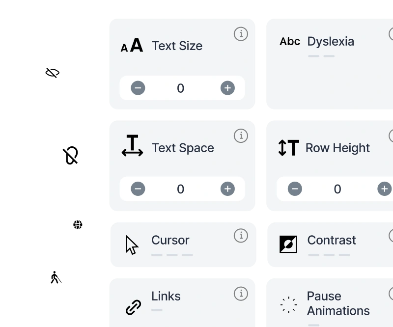 The image displays various accessibility settings options including Text Size, Text Space, Row Height, Cursor, Contrast, Links, and Pause Animations.