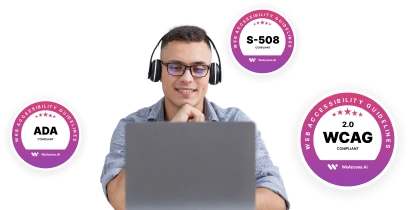 The image shows a person wearing headphones and glasses, sitting at a laptop with three badges indicating compliance with accessibility standards: S-508, ADA, and WCAG 2.0.