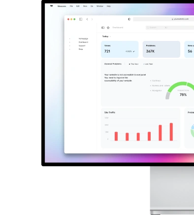 The image shows a dashboard with metrics such as Views: 721, Problems: 367K, and Notes: 56, along with a bar chart labeled Geo Traffic and a pie chart indicating 78%.