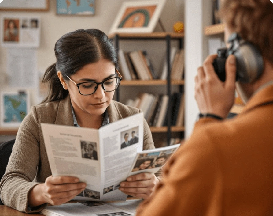 A person is reading a brochure while another individual takes a photo with a camera. The brochure includes text and images of people.