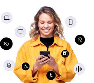 A woman in a yellow jacket is smiling while holding a smartphone, surrounded by various icons representing different features or services.