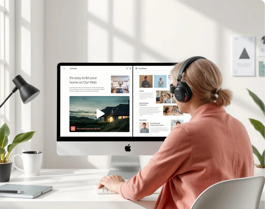 A person wearing headphones is sitting at a desk with an iMac displaying a webpage that includes text such as Its easy to list your home on Our Web and Error: Not Found Any All Text.