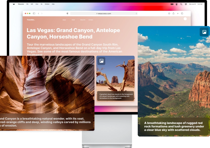 The image showcases a webpage titled Las Vegas: Grand Canyon, Antelope Canyon, Horseshoe Bend, featuring scenic views of desert landscapes and red rock formations with descriptive captions about the natural wonders.