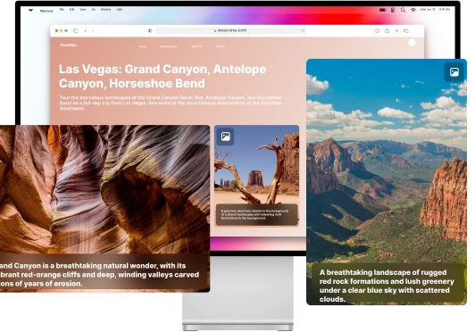 The image showcases a webpage promoting a tour of Las Vegas and its surrounding natural wonders, including the Grand Canyon South Rim, Antelope Canyon, and Horseshoe Bend, with vivid descriptions and scenic photographs.