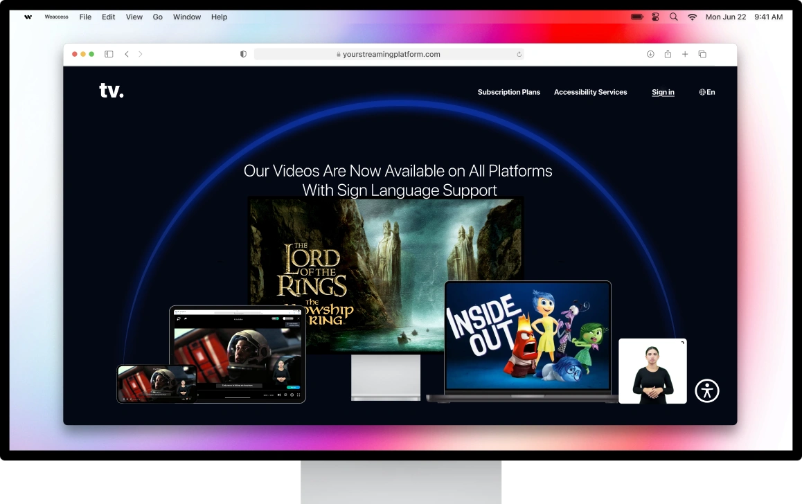 The image shows a webpage from yourstreamingplatform.com highlighting that videos are now available on all platforms with sign language support, featuring movie posters for The Lord of the Rings: The Fellowship of the Ring and Inside Out.