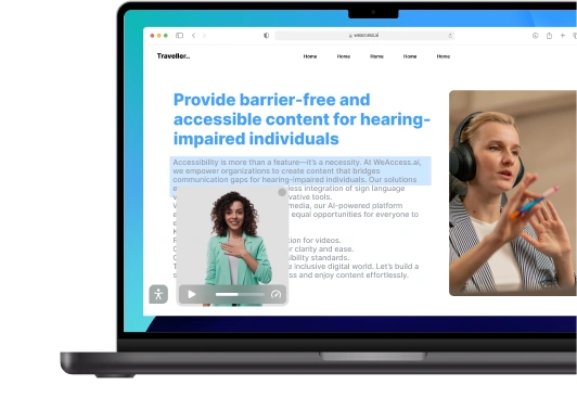 The image shows a webpage with the heading Provide barrier-free and accessible content for hearing-impaired individuals and mentions WeAccess.ais solutions to empower organizations to create accessible content.