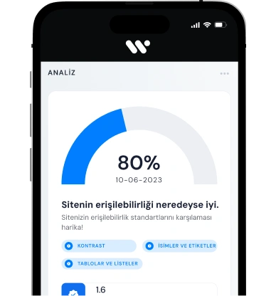 The image shows an analysis of a websites accessibility, indicating that it meets 80% of accessibility standards as of 10-06-2023, with positive feedback on contrast and names/labels.