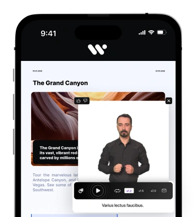 The image shows a smartphone displaying an app interface with a video titled The Grand Canyon, featuring a man in a black shirt and a play button at the bottom of the screen.