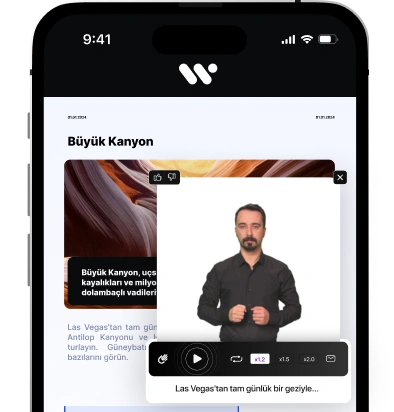 Görüntüde, Büyük Kanyon başlıklı bir videonun yer aldığı bir uygulama arayüzünü gösteren bir akıllı telefon, siyah gömlekli bir adam ve ekranın altında bir oynat düğmesi yer alıyor.