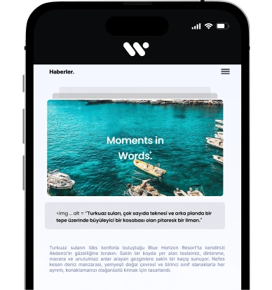 Görselde, Blue Horizon Resort'ta Akdeniz'in güzelliğini anlatan bir metin ve pitoresk bir liman manzarası ile Kelimelerle Anlar başlıklı bir haber makalesini görüntüleyen bir akıllı telefon görülüyor.