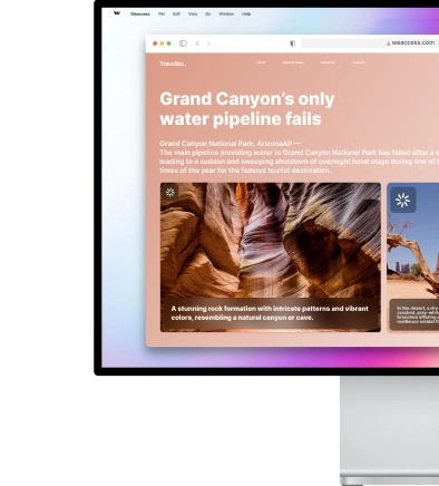 The image shows a webpage with a headline about Grand Canyons only water pipeline failing, accompanied by a photo of a rock formation and additional text describing the location and its features.