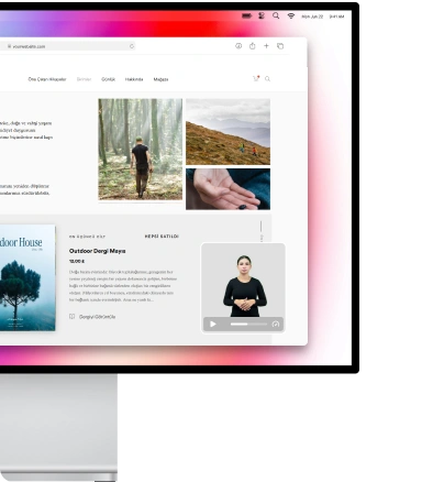 The image shows a webpage with various sections including an article titled Outdoor Dergi Meyes and a video thumbnail featuring a person. The background of the webpage has a gradient of colors from purple to red.