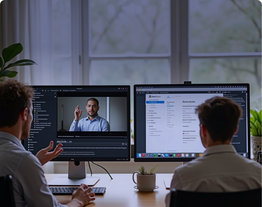 Two individuals are engaged in a video call with another person, with one monitor displaying a video feed and the other showing a digital workspace interface.