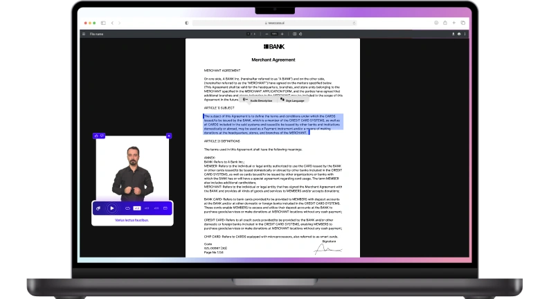 The image shows a laptop screen displaying a document titled BANK Merchant Agreement, with sections labeled ARTICLE 12: DEFINITIONS and ARTICLE 13: TERMINATION. The document includes legal terms and conditions related to the use of credit cards by merchants.