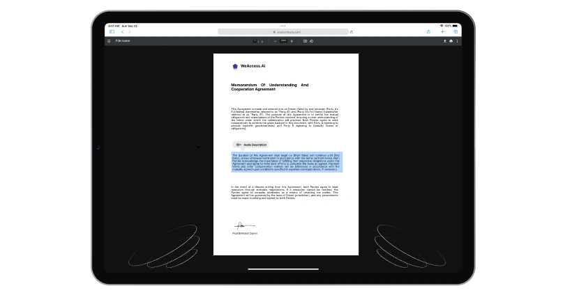 The image shows a document titled Memorandum Of Understanding And Cooperation Agreement from WeAccess.AI, displayed on a tablet screen with a dark background.