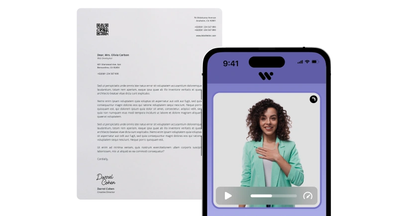 The image shows a letter addressed to Mrs. Olivia Carlson and a smartphone displaying a video call with a woman smiling, along with a QR code and contact information on the left side of the image.