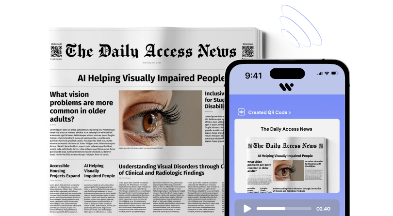 The image shows a newspaper titled The Daily Access News with an article about AI helping visually impaired people, alongside a smartphone displaying a QR code for the same newspaper.