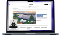 The image shows a laptop displaying a webpage with a scenic background and some text, including WELCOME at the top.