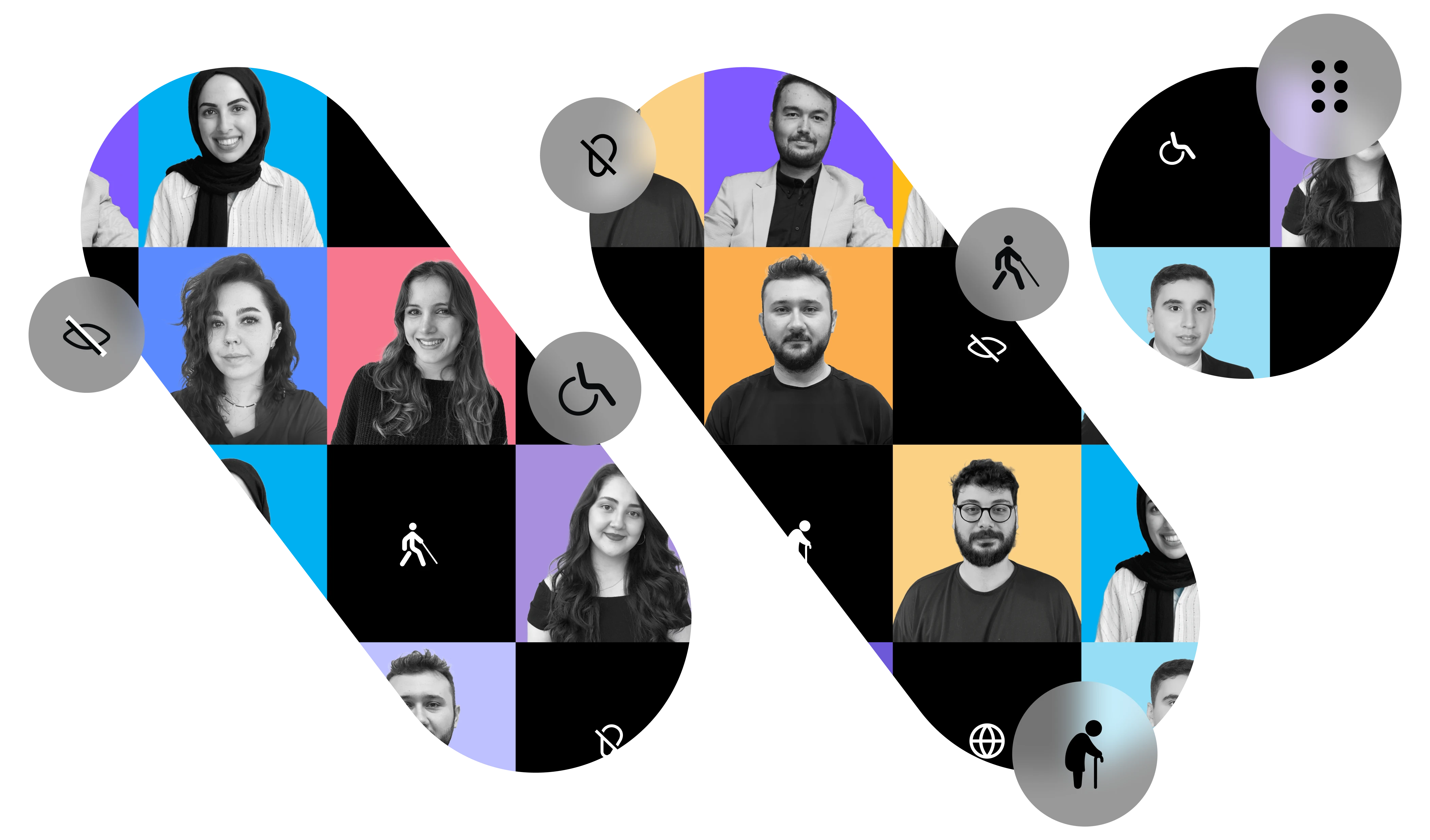 Stylized accessibility-themed graphic featuring team member portraits in colorful blocks, combined with universal accessibility icons forming a cohesive design.