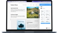 The image shows a laptop screen displaying a webpage with a header titled Outdoor Theme and a sidebar with various settings options.