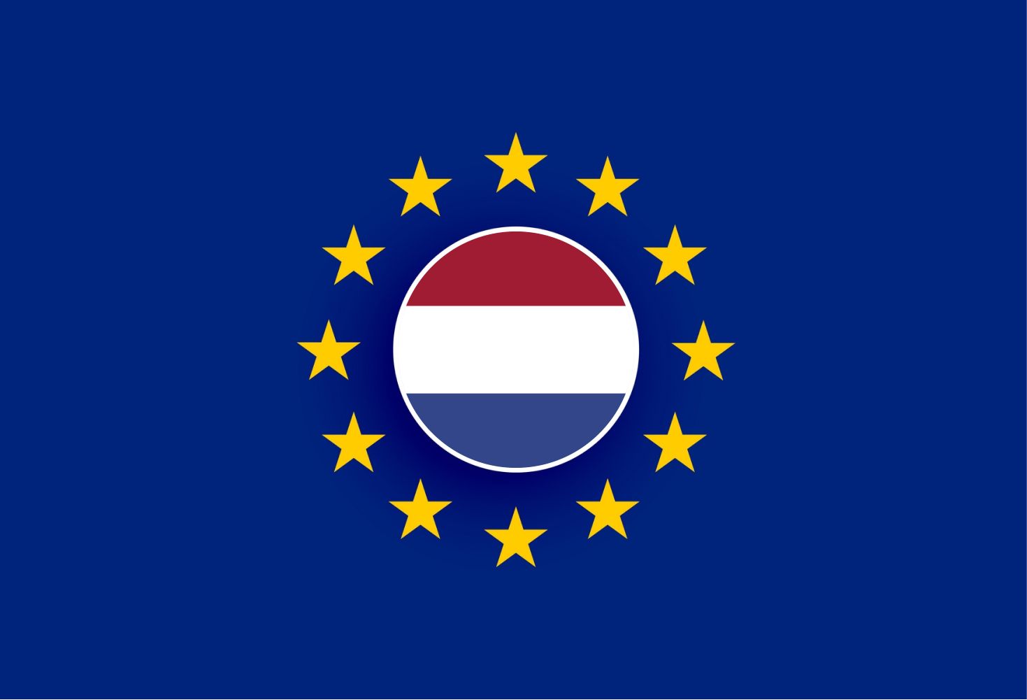  ortada hollanda bayrağı ve etrafında avrupa birliği yıldızlarını temsil eden bir görsel bulunmakta 
