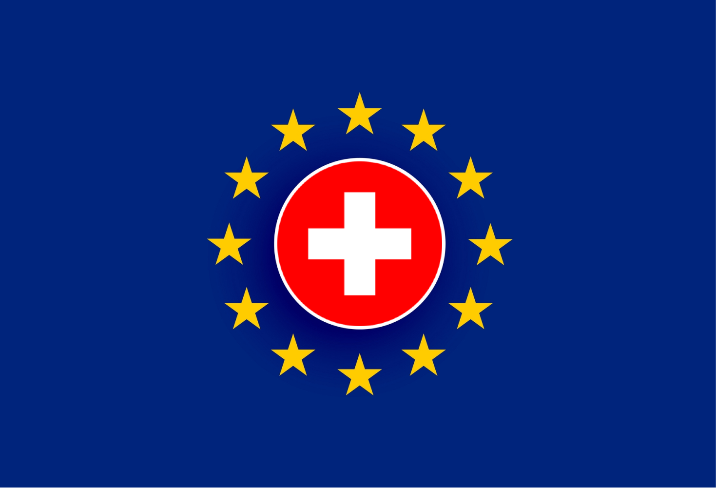  ortada İsviçre bayrağı ve etrafında Avrupa Birliği yıldızlarını temsil eden bir resim 